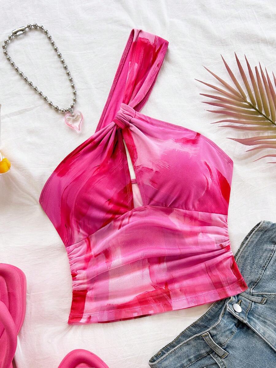 Soleia Áo thun hở lưng một bên vai màu chuyển sắc cho nữ, thích hợp cho lễ hội âm nhạc, phong cách Boho, ngày lễ, trà chiều, mùa xuân/hè - Nhiều màu - Xem 1