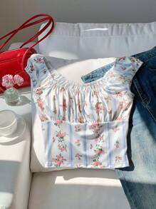 Comfortcana Women's Summer Holiday Casual Ditsy Floral Striped T-Shirt - Multicolor - View 3