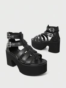Sugerpunk Unique Punk Style Belt Buckle Rear Zipper Round Toe Thick Sole Platform Roman Sandals, PU Material, Black Color, Suitable For Party, Daily Wear, Evening Gown, Height Increasing And Leg Lengthening, Comfortable & Versatile Women's High Heels - Black - View 5