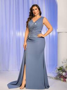 Glamrae Váy dạ hội đuôi cá xếp ly chữ V sâu màu xanh nhạt lãng mạn cỡ lớn thanh lịch và đính đá lấp lánh có viền bèo nhún, phù hợp cho đám cưới, tiệc tùng và sự kiện trang trọng - Màu xanh lam - Xem 6