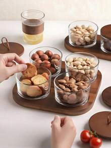 2PCs/Set Or 4PCs/Set Or 6PCs/Set Nut Bowl Set, Fruit Platter, Mini Snack Plate With Wooden Tray, Transparent Nut Jar With Lid, Fruit Bowl With Lid, Creative Snack Box, Decorative Fruit Container, Room Decoration, Kitchen Accessory
