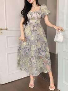 DAZY Women's Elegant Jacquard Mid-Length Dress, Summer Easter Floral Dresses For Women - Mauve Purple - View 4