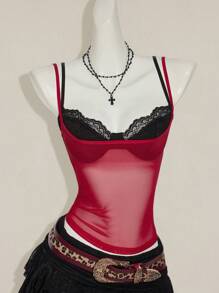 SHEIN ICON 女士红色薄纱蕾丝吊带露脐背心