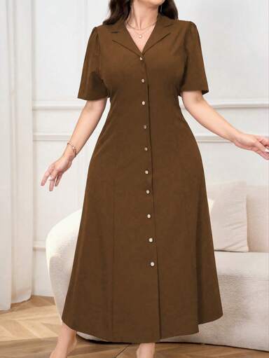 Modelyn 大码女式翻领纽扣前开襟休闲衬衫裙超长款女式长款晚礼服