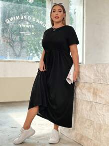 SHEIN Essnce Plus Size Women's New Summer Fashion Casual Solid Color Waist Strap A Hem (With Pockets) Long Short-Sleeved Dress - Black - View 6