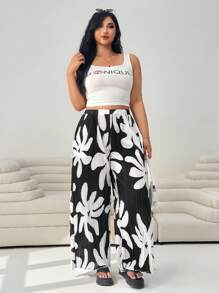 SHEIN EZwear 春季大码浪漫扎染几何印花抽绳腰褶阔腿裤