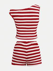 SHEIN Set de 2 piezas con blusa corta asimétrica de rayas texturizadas y shorts casuales para niñas preadolescentes