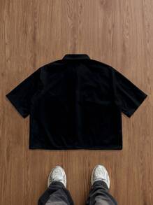 Manfinity Joysei 男士全印花短款衬衫，夏季时尚 - 黑色 - 查看 2