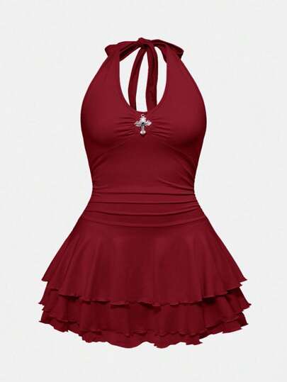 J-Fashion Vestido mini halter de múltiples capas con decoración de cruz de estilo punk para mujer de talla grande