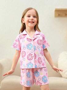 Set de 2 piezas de top de manga corta con estampado de donut y pantalones cortos holgados casuales para niña joven, ropa de estar en casa - Rosa Pálido - Ver 4