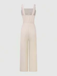 SHEIN Unity Women's Vintage Versatile Spring/Summer All-Match Button Decorated Wide Straps With Pocket Overall Woven Wide-Leg Jumpsuit, Apricot Color - Apricot - View 2