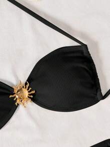 Swim Basics Metal Buckle Decor Textured Fabric Bikini Set For Summer Beach Vacation - Black - View 4