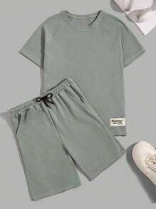 RueChic Conjunto de camiseta regular com patch de tecido waffle masculino e manga raglan