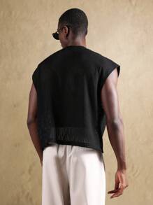 SUMWON 无袖钩针编织背心夏季海滩节针织紧身 T 恤波西米亚度假装透明网眼纹理街头服饰都市时尚 - 黑色 - 查看 2