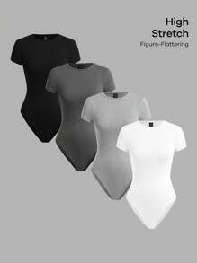 SHEIN BASICS 4pcs/Set Women Solid Color Knitted Crew Neck Short Sleeve Fitted Bodysuit