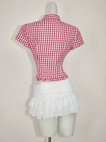 Sweetina 女士休闲收腰格子衬衫 - 紅白色 - 查看 2