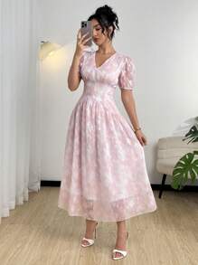 Modelyn Summer Elegant Jacquard Tie-Dye Print Puffed Sleeve Dress - Pink - View 7