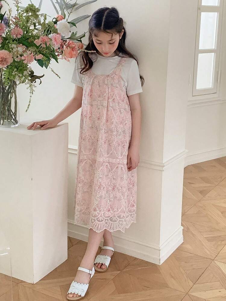 2pcs/Set Tween Girls Round Neck Knit Short Sleeve T-Shirt + Dress Suspender Sleeveless Dress, Summer