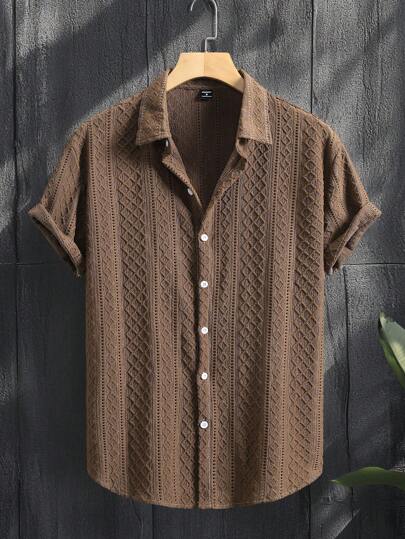 Manfinity Homme Men's Solid Color Single-Breasted Knitted Argyle Casual Short Sleeve Shirt Brown Shirt Men
