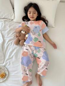 SHEIN Leap Crew Tween Girls Casual Simple Round Neck Short Sleeve Lounge Set, Suitable For Summer - Multicolor - View 3