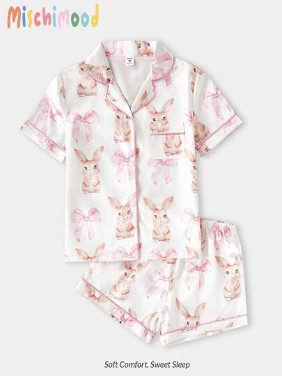 Tween Girls Bowknot & Rabbit Print Silk-Like Fabric Short Sleeve Top & Shorts 2 Pieces Comfy Pajama Set