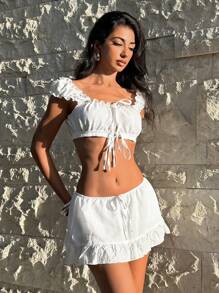 EgrlEra 2pcs/Set Women Puff Sleeve Cropped Top + Floral Splice Mini Skirt - White - View 1