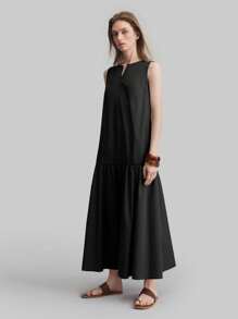 Ontre Vestido sin mangas negro con cuello redondo y corte campana, elegante y casual para primavera y verano, modelo 2026 nuevo. Vestido largo sin mangas de unicolor, estilo urbano y chic, para damas