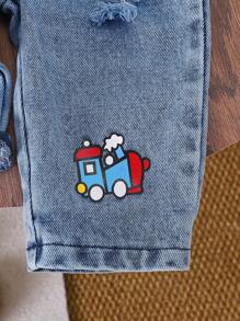 SHEIN Playful Pals 1pc Baby Boys' Denim Jumpsuit Vintage Cute Cartoon Dinosaur & Car & Letter Print Overall Jumpsuit, Casual Matching Tee/Shirt, Adjustable Straps, Summertime Fashionable Daily Wear - Blue - View 4