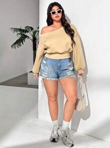 SHEIN EZwear 大码休闲斜肩宽松卫衣 - 卡其色 - 查看 4