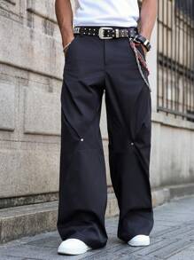 PAVTROS Manfinity Streetrush Men's Casual Mixed Rivet Wide Leg Pants, Streetwear Work Pants, Fall