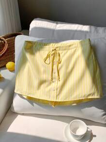 Comfortcana Women Summer Button-Up Striped Knot Hem Shorts - Yellow - View 7