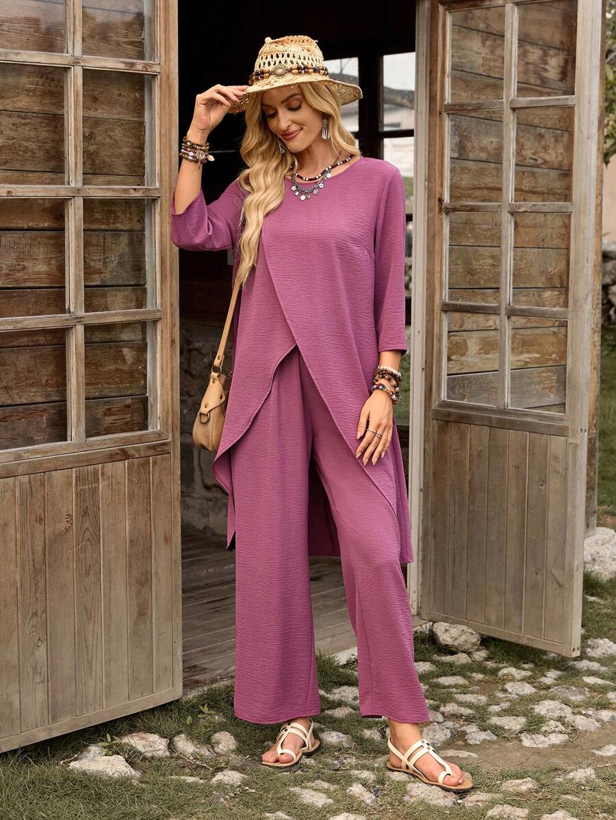 LanaWest 2pcs Women Solid Color Round Neck 3/4 Sleeve Shirt And Elastic Waist Long Pants Suit - Purple - View 1