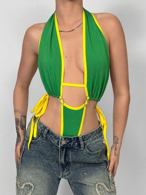 EgrlEra Women's Sexy Backless Halter Neck Bodysuit, Suitable For Beach & Sport