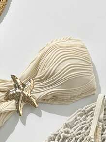 Swim Vcay 2 件套女士夏季纯色提花面料金属装饰抹胸式分体泳衣套装，海滩度假比基尼 - 杏色 - 查看 3