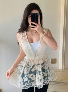 DAZY 女士蕾丝V领透视宽松叠穿甜美森风纽扣上衣 - 杏色 - 查看 6