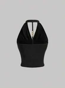 SHEIN MOD 2件組深V領露背金屬裝飾黑白細肩帶背心 - 黑與白 - 查看 7