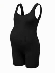 Modmama Mono ajustado de maternidad de color liso con cuello redondo y espalda descubierta - Negro - Ver 6
