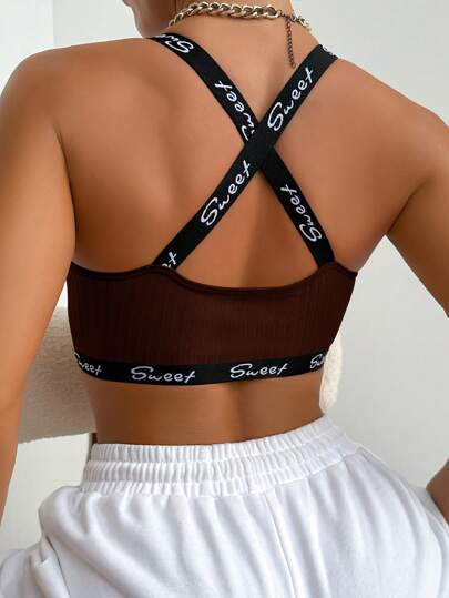 EasyFave Women Letter Print Ribbed Everyday Fitness Sports BH view 5