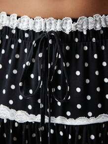 ROMWE Avant Millennium Y2K Retro Polka Dot Contrast Lace Drawstring Waist Skirt For Women - Black and White - View 3