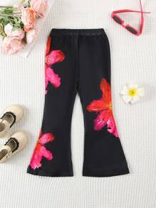 SHEIN Pantalones acampanados con estampado floral y cintura elástica negra para niñas de 4 a 7 años, moda retro de verano para uso casual/exterior/fiesta con estampado de hibisco y lirio en todo el diseño - Negro - Ver 2