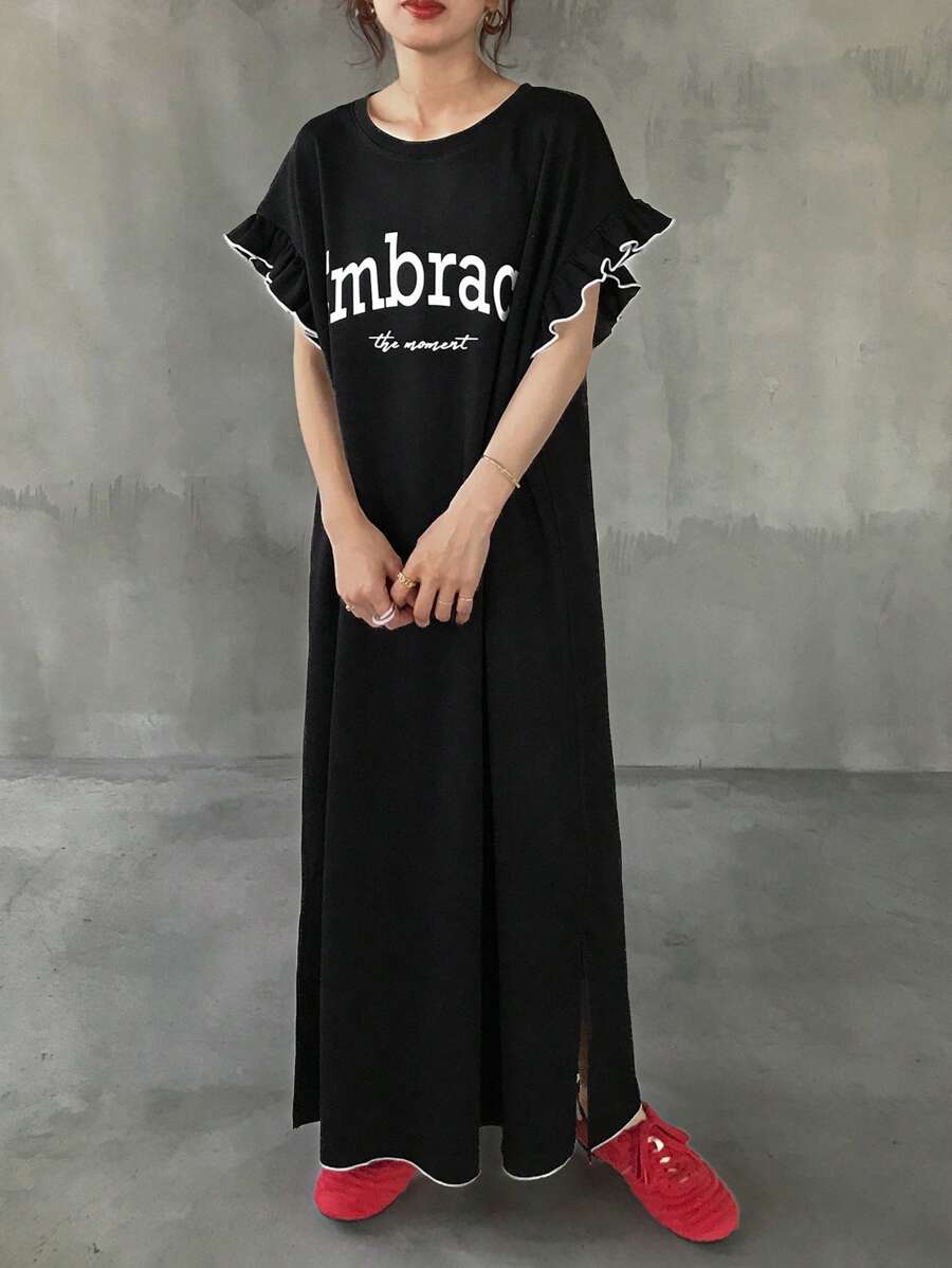 FRIFUL 女士宽松荷叶边拼接撞色字母印花休闲街头风长连衣裙套装,适合夏季女装、夏季女装、大码女装、正式工作夏季连衣裙 - 黑色 - 查看 1