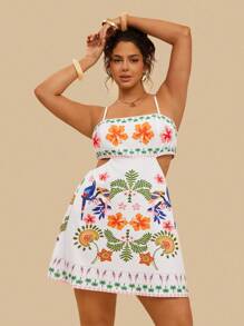 Travachic Vestido de Verão Casual de Férias com Estampa Tropical Colorida de Papagaio, Decote Vazado nas Costas, Regata, para Mulheres Plus Size