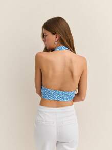 Nöista Sleeveless Halter Crop Top Tie Front Summer Spring Vacations Print And Smock Stitching Back - Blue - View 3