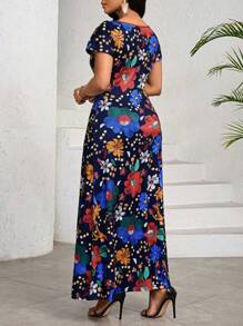 SHEIN Lady 夏季优雅圆领几何印花连衣裙 女士长款连衣裙