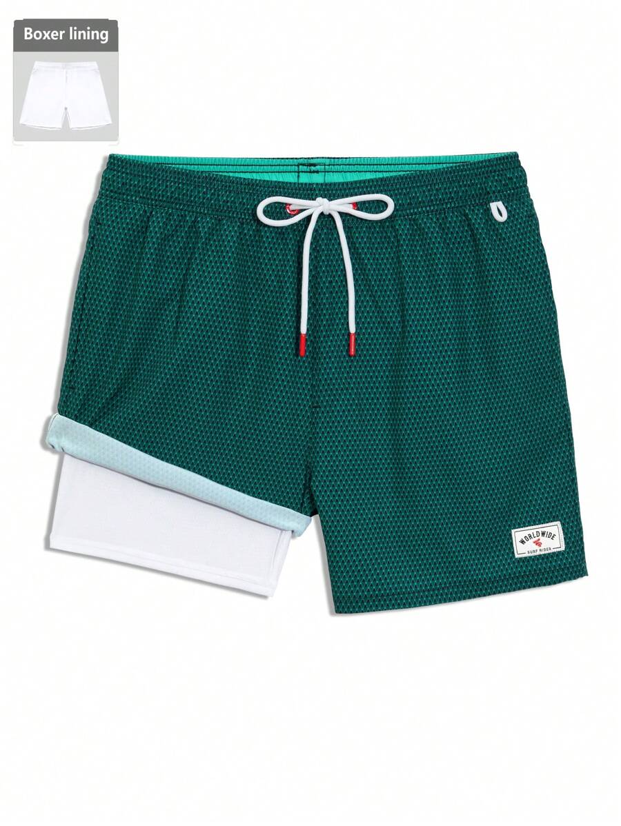 Manfinity KASUA Men's Drawstring Waist Letter Print Double-Layer Beach Shorts - Dark Green - View 1