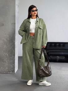 SHEIN ICON جاكيت جينز كاجوال فضفاضة ذات أكمام طويلة وأكتاف متدلية لوحيدة الصدر، مقاس كبير للنساء - أخضر عسكري - مشاهدة 3