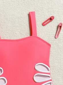 青少年女孩镂空连体泳衣，适合度假海滩 - 珊瑚粉 - 查看 5