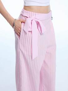 LYSMO 2025新款夏季女士腰带设计纯色拼接条纹阔腿裤简约休闲时尚