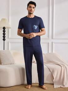 Comfortable Short Sleeve Tee And Long Pants Heart Denim Pajamas Set For Men - Navy Blue - View 1