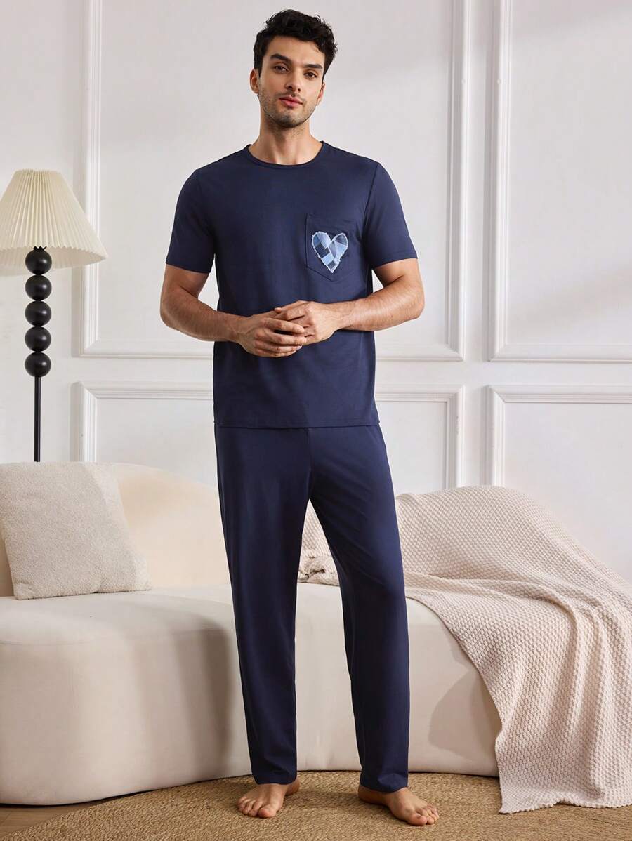 Comfortable Short Sleeve Tee And Long Pants Heart Denim Pajamas Set For Men - Navy Blue - View 1